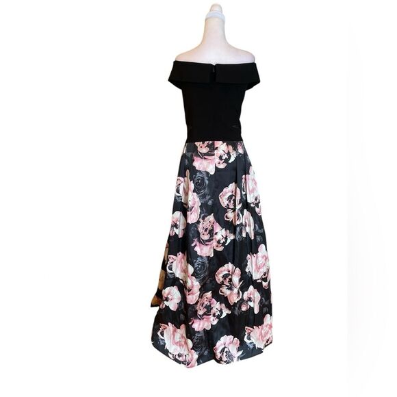 Xscape Off Shoulder Gown Black Pink Illusion Floral Print A Line Womens Size 22 - Picture 2 of 12